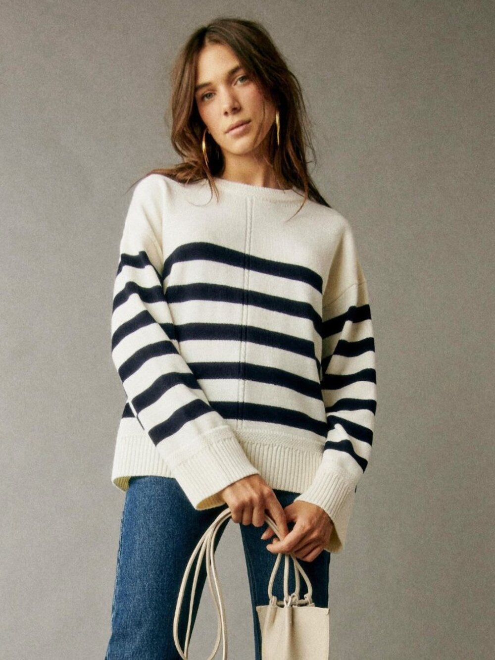 Like New Sezane Bastien 100% Wool Striped Sweater Ecru Navy Medium - Picture 2 of 8